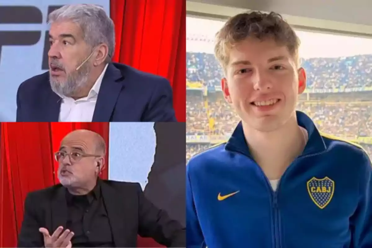 Dos hombres mayores en un set de televisión con fondo rojo y un joven sonriente con campera de Boca Juniors en un estadio lleno de gente