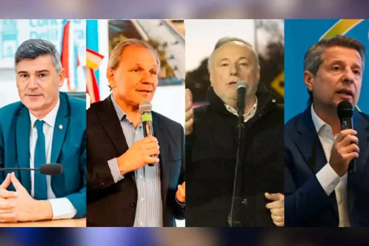 Four middle-aged men dressed in suits and jackets, each in different settings, some speaking in front of microphones. Four middle-aged men dressed in suits and jackets, each in different settings, some speaking in front of microphones.