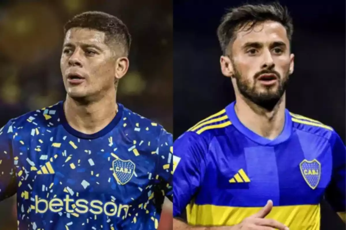 Two players wearing Boca Juniors jerseys in a split-screen montage