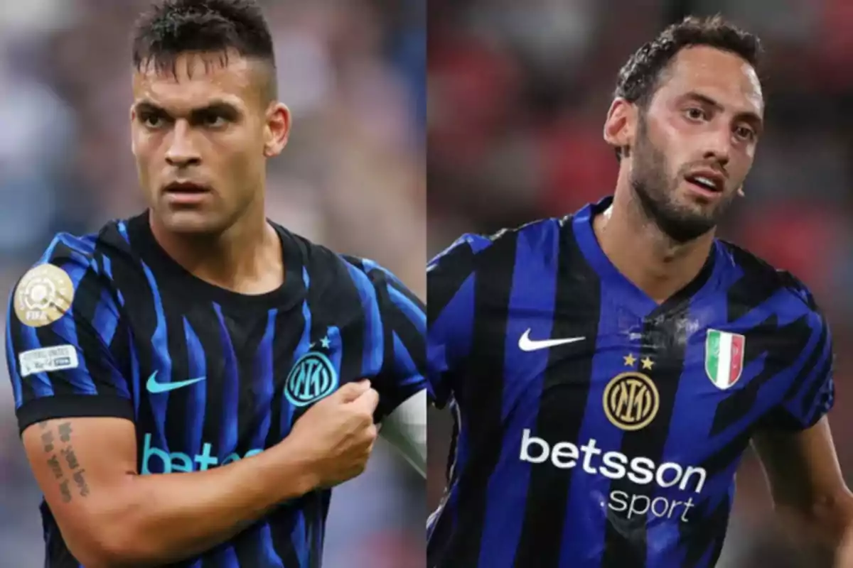Dos futbolistas del Inter de Milán con uniforme azul y negro durante un partido