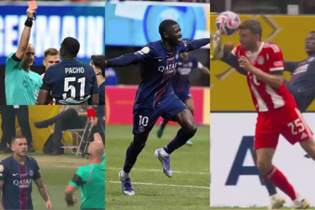 Collage of scenes from a soccer match between PSG and Bayern Munich with players receiving red cards, celebrating a goal, and a handball inside the box Collage of scenes from a soccer match between PSG and Bayern Munich with players receiving red cards, celebrating a goal, and a handball inside the box