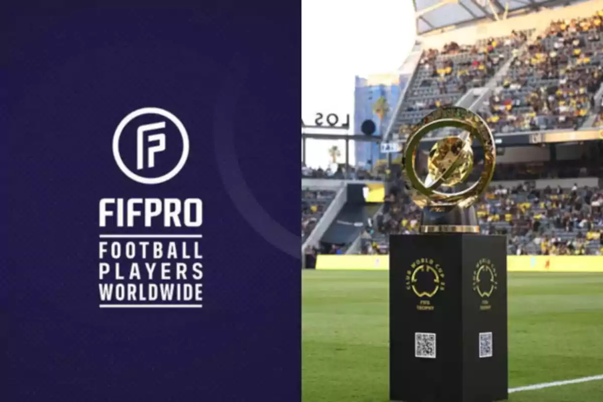 Logo de FIFPRO a la izquierda y trofeo de la Copa Mundial de Clubes de la FIFA en un estadio lleno a la derecha