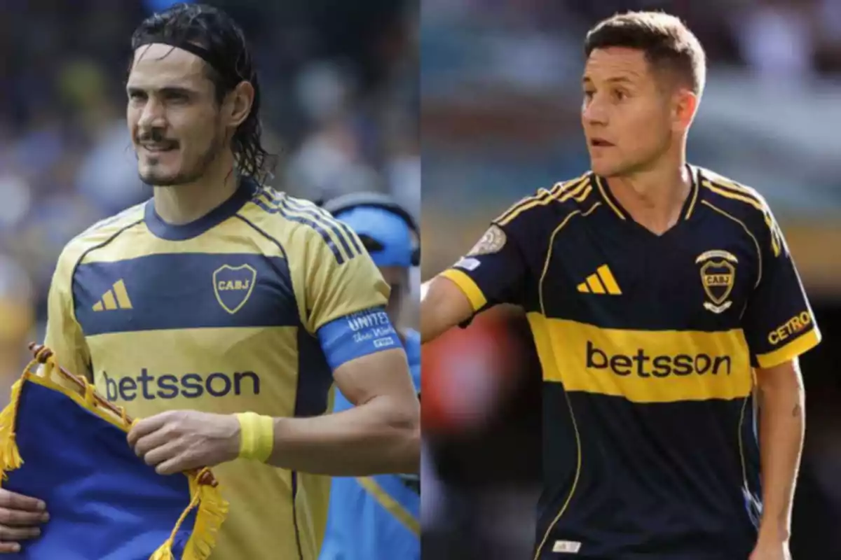 Two players in Boca Juniors uniforms on the field Two players in Boca Juniors uniforms on the field
