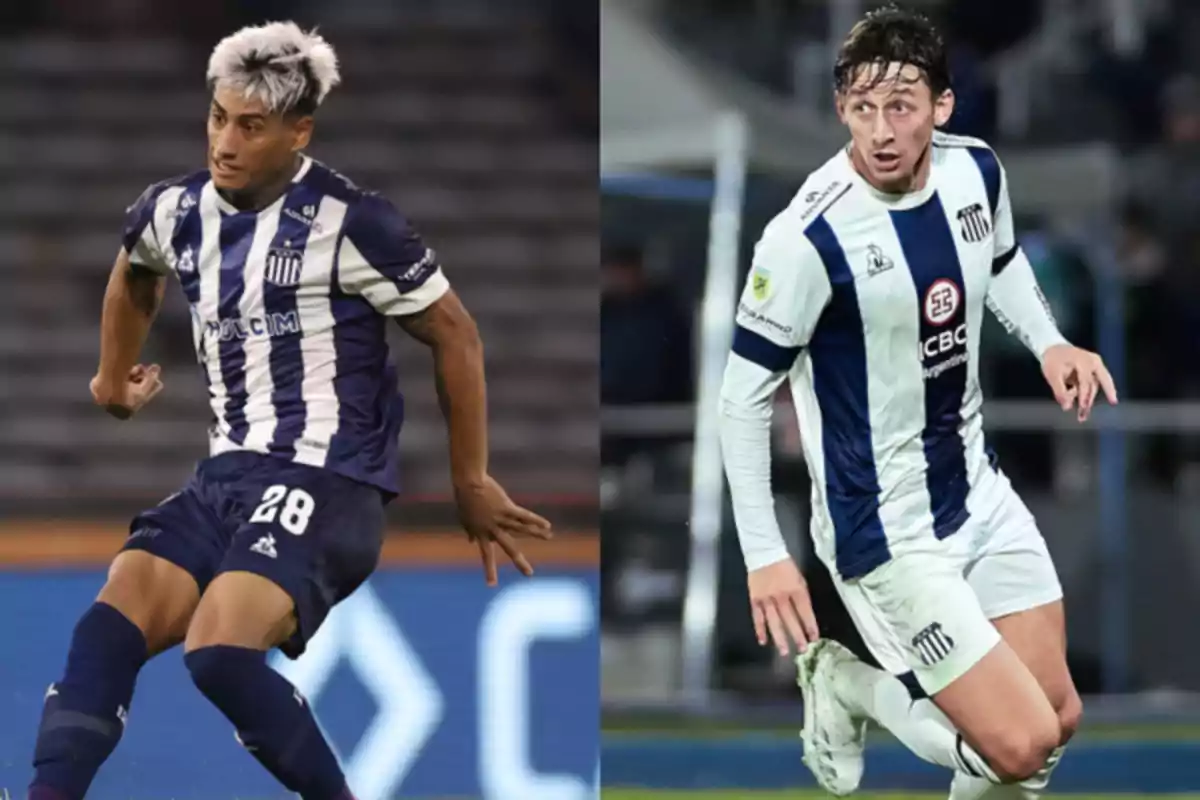Dos futbolistas con uniforme de Talleres de Córdoba en acción durante un partido