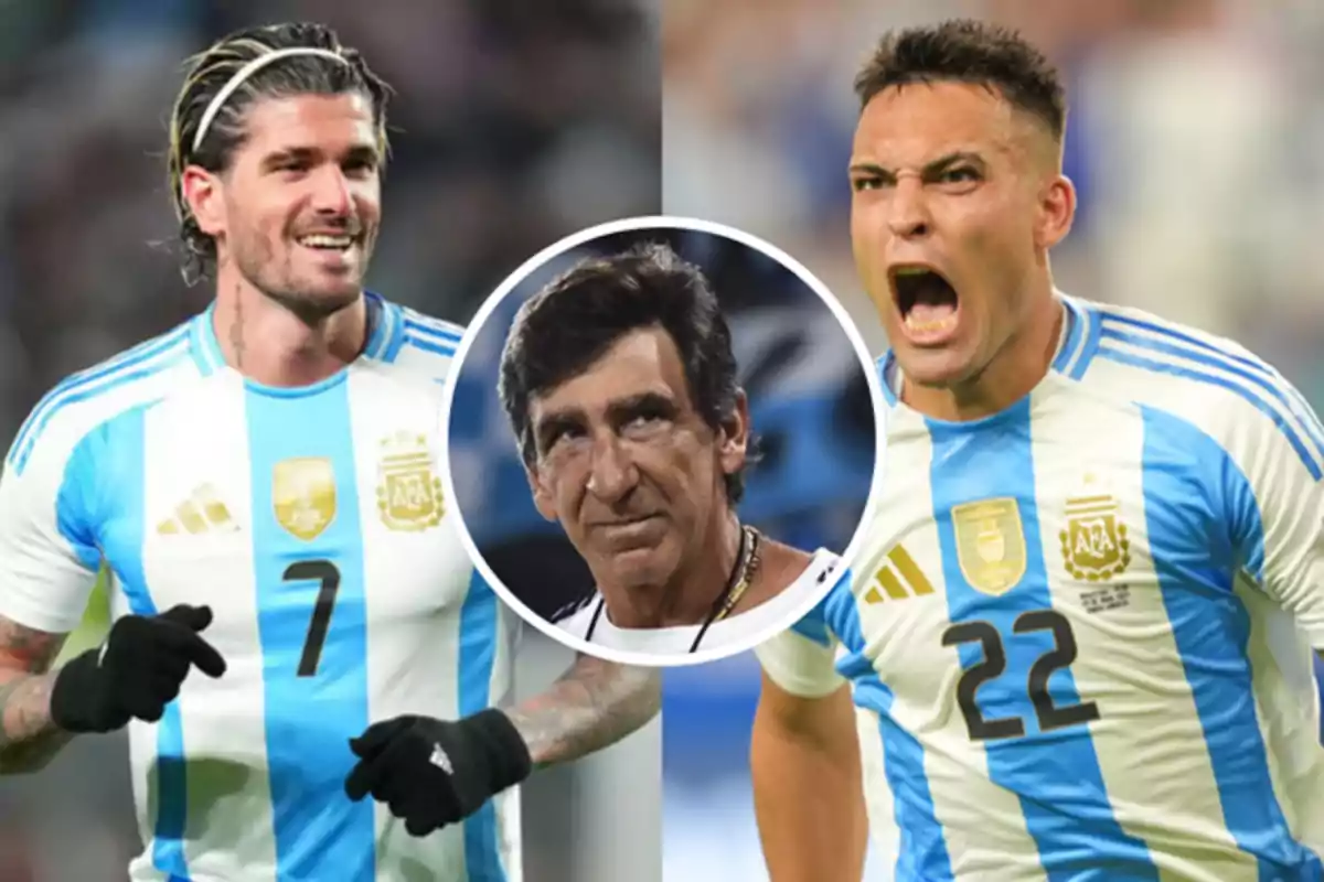 Dos futbolistas argentinos con uniforme de la selección y una persona en el centro enmarcada en un círculo