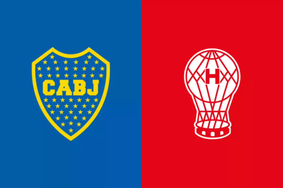 Boca Juniors crests on a blue background and Huracán on a red background Boca Juniors crests on a blue background and Huracán on a red background