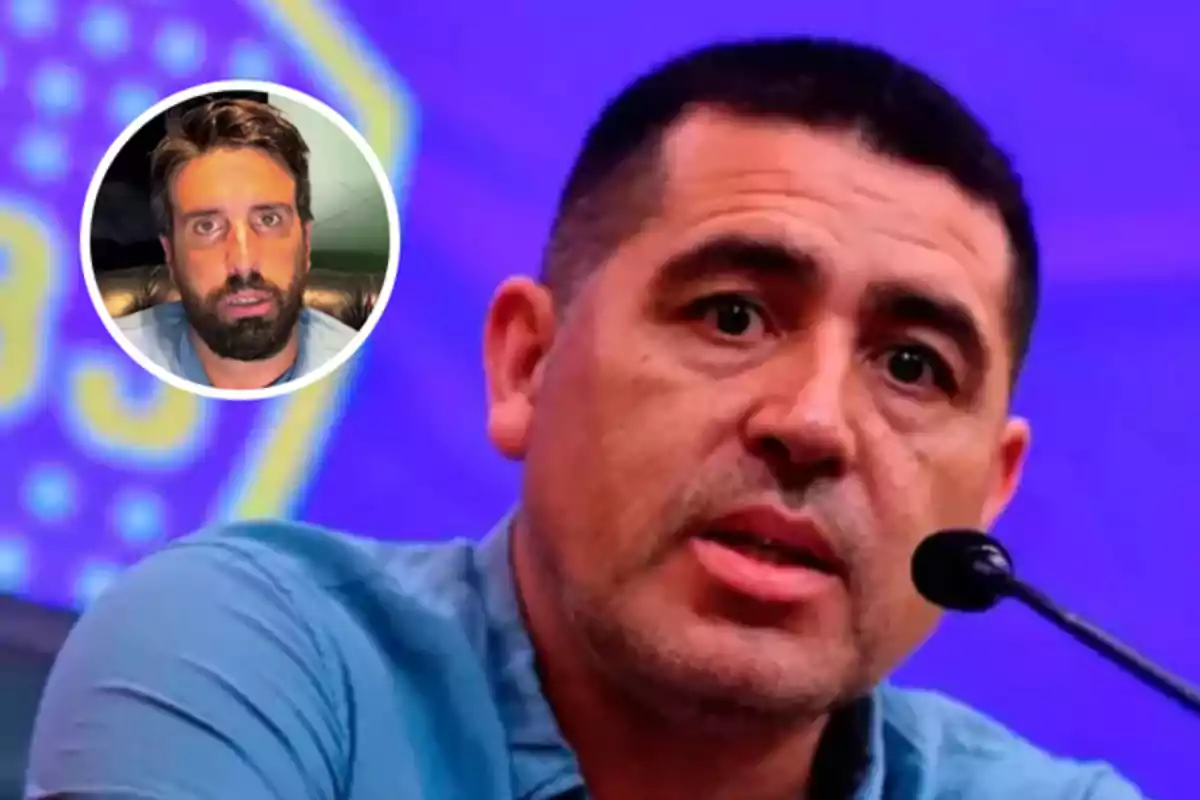Hombre de cabello corto hablando frente a un micrófono con fondo azul y un recuadro circular mostrando el rostro de otro hombre en la esquina superior izquierda
