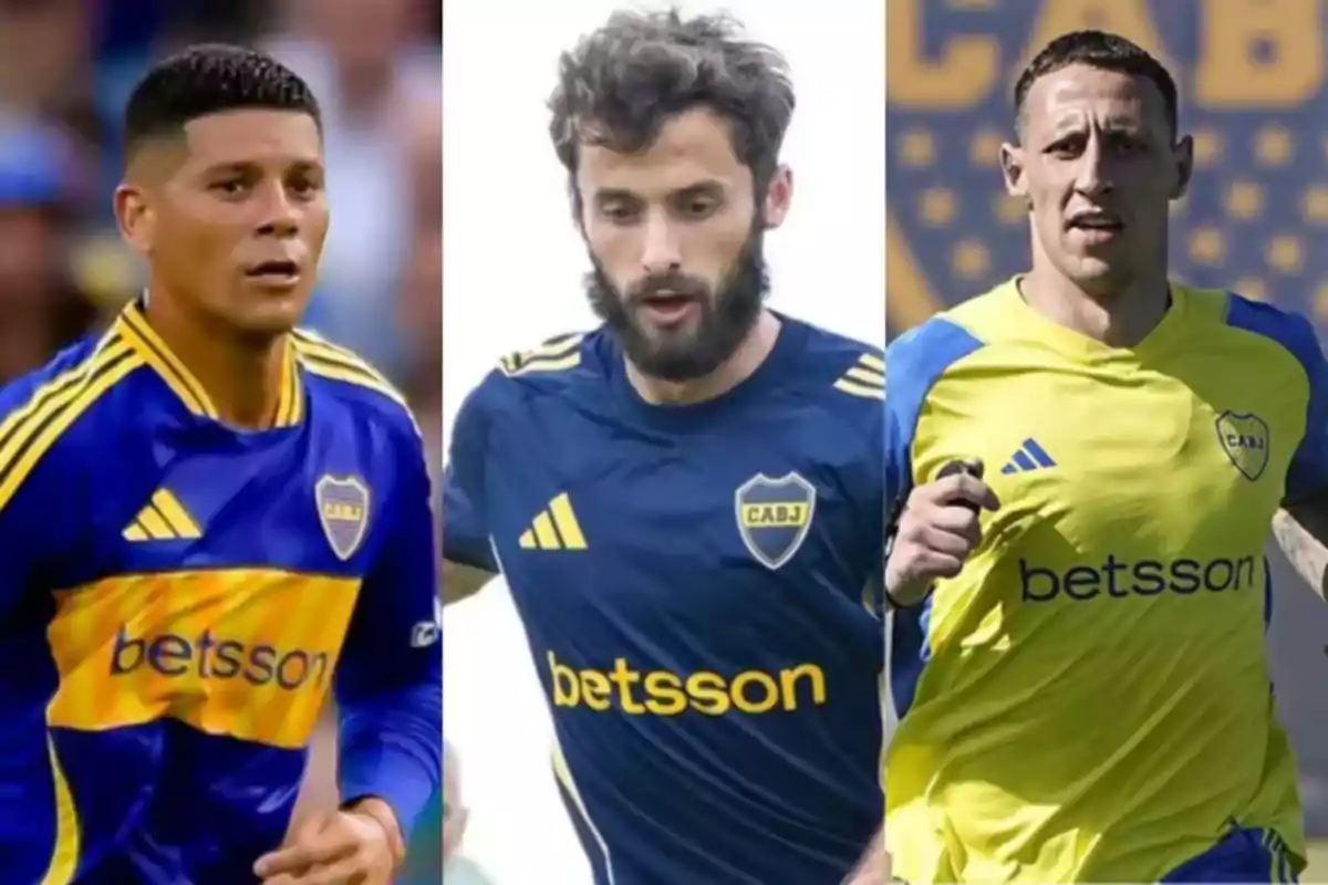 Tres futbolistas con camisetas de Boca Juniors y el logo de Betsson como patrocinador