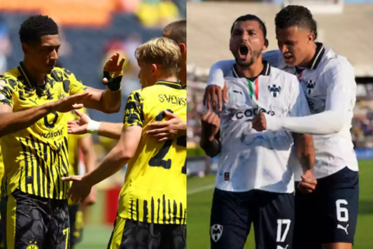 Jugadores de dos equipos de fútbol celebran durante un partido, uno con uniforme amarillo y negro y el otro con uniforme blanco y azul.