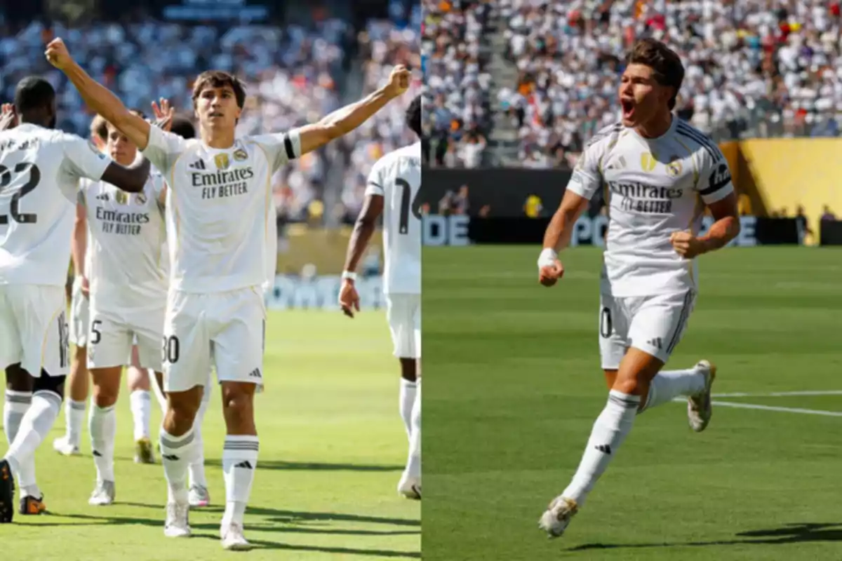 Two Real Madrid players celebrate a goal in a soccer match, one with his arms raised surrounded by teammates and the other shouting with excitement on the field. Two Real Madrid players celebrate a goal in a soccer match, one with his arms raised surrounded by teammates and the other shouting with excitement on the field.