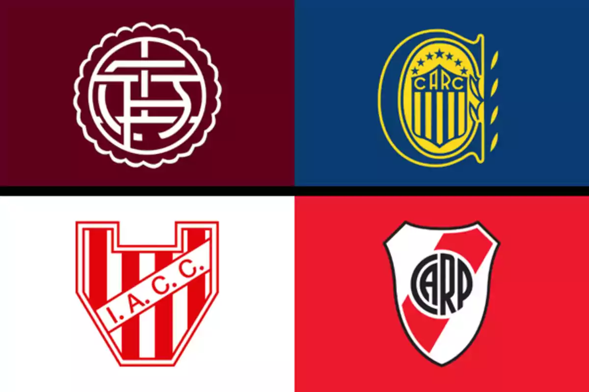 Cuatro escudos de equipos de fútbol argentinos sobre fondos de diferentes colores Cuatro escudos de equipos de fútbol argentinos sobre fondos de diferentes colores
