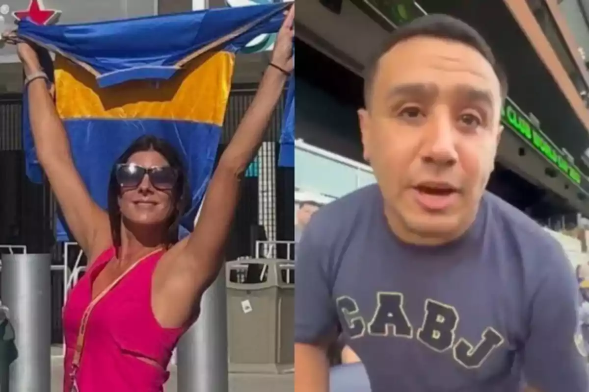 Una mujer con gafas de sol sostiene una bandera azul y amarilla mientras sonríe y un hombre con camiseta azul con las letras CABJ está en un estadio