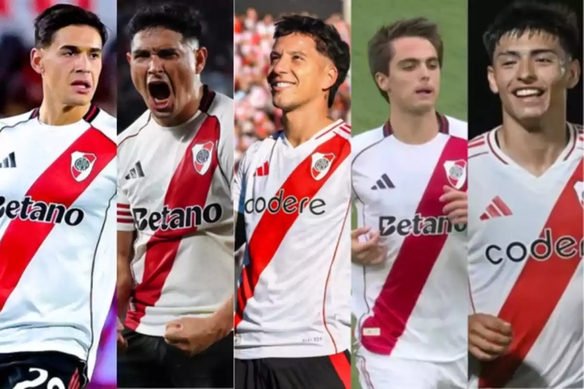 Five players wearing River Plate jerseys pose and celebrate at different moments during matches. Five players wearing River Plate jerseys pose and celebrate at different moments during matches.