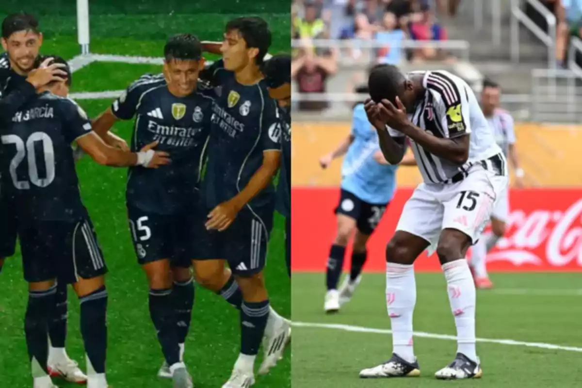 Jugadores de fútbol celebrando un gol en equipo a la izquierda y un jugador de otro equipo mostrando frustración en la cancha a la derecha