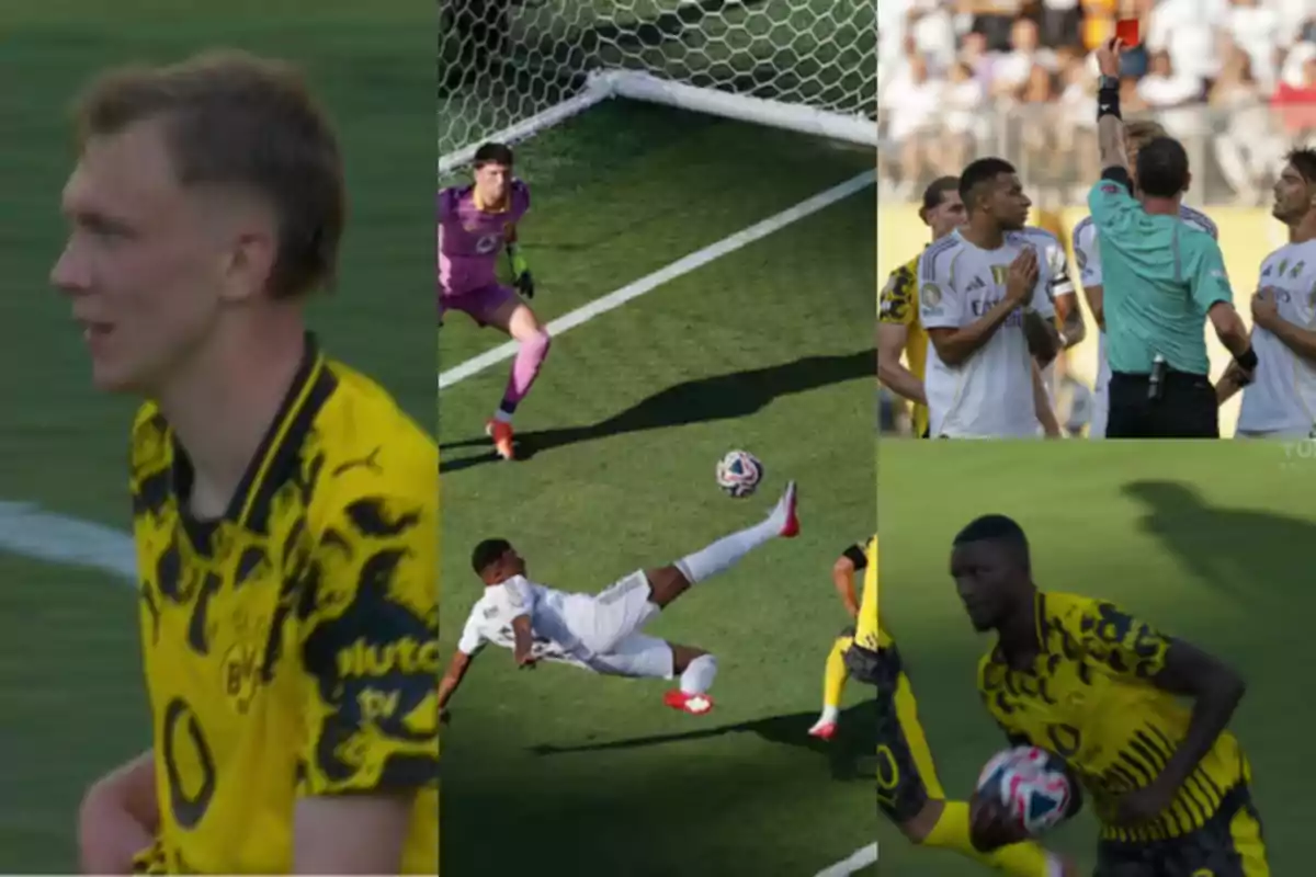 Collage of scenes from a soccer match between players in yellow and white uniforms featuring a bicycle kick, a red card, a goalkeeper, and players at different moments of the game. Collage of scenes from a soccer match between players in yellow and white uniforms featuring a bicycle kick, a red card, a goalkeeper, and players at different moments of the game.