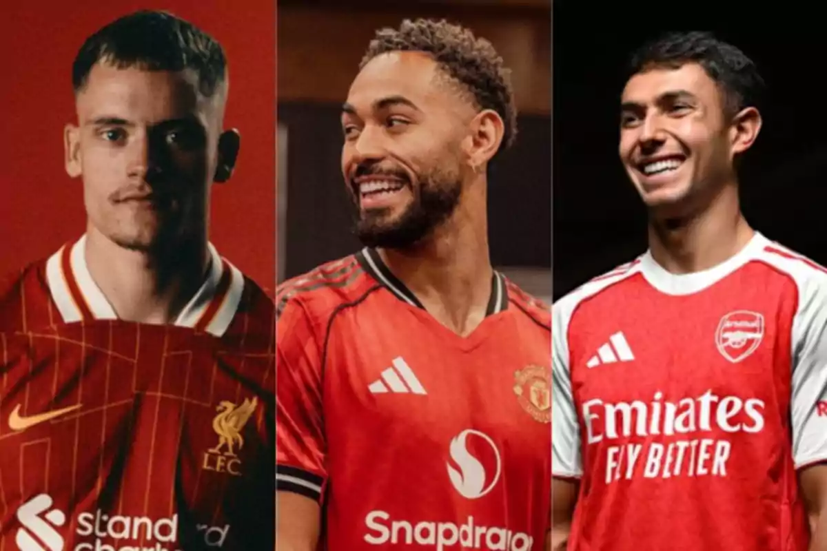 Three players pose wearing the uniforms of Liverpool, Manchester United, and Arsenal respectively, all with their teams' red jerseys. Three players pose wearing the uniforms of Liverpool, Manchester United, and Arsenal respectively, all with their teams' red jerseys.