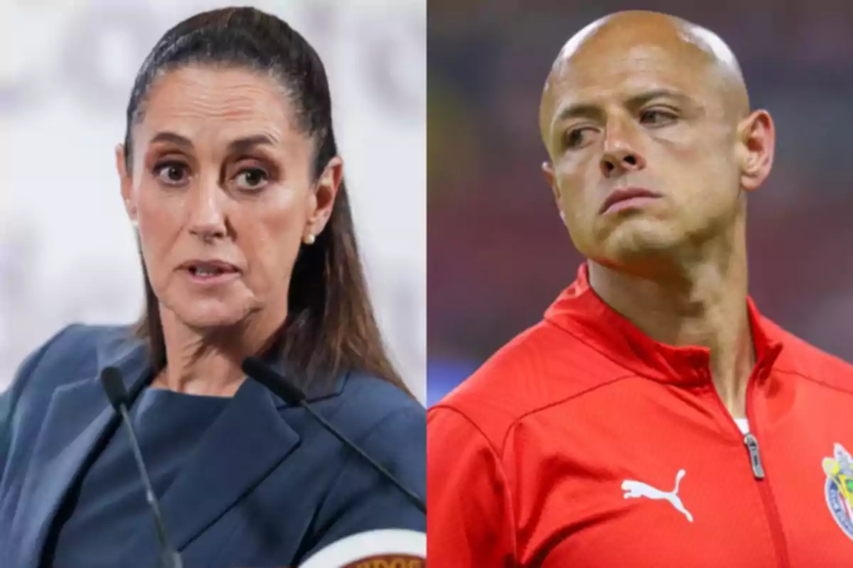 Dos personas en primer plano, una mujer con cabello largo y oscuro usando saco azul y un hombre calvo con chaqueta deportiva roja
