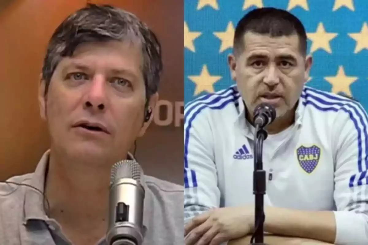 Two men in front of microphones, one in a radio studio and the other at a press conference with a starry background and a Boca Juniors jacket.