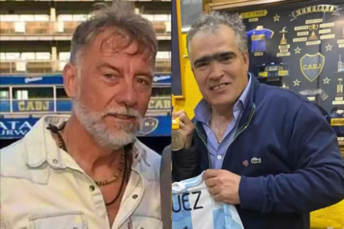 Dos hombres posan en diferentes lugares relacionados con el club Boca Juniors uno de ellos sostiene una camiseta y una medalla Dos hombres posan en diferentes lugares relacionados con el club Boca Juniors uno de ellos sostiene una camiseta y una medalla