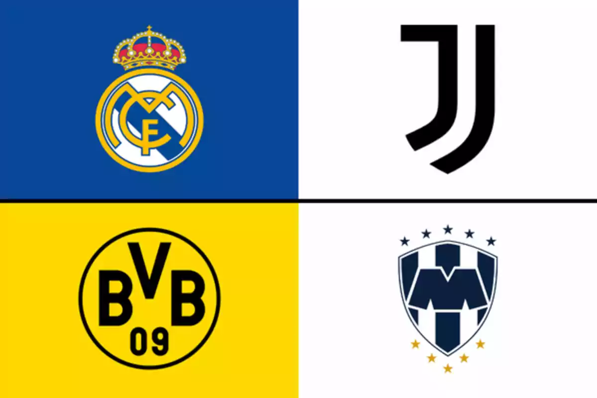 Cuatro escudos de equipos de fútbol famosos en un fondo dividido en azul, blanco y amarillo