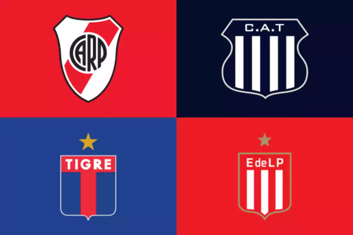 Cuatro escudos de equipos de fútbol argentinos sobre fondos de colores rojo y azul Cuatro escudos de equipos de fútbol argentinos sobre fondos de colores rojo y azul