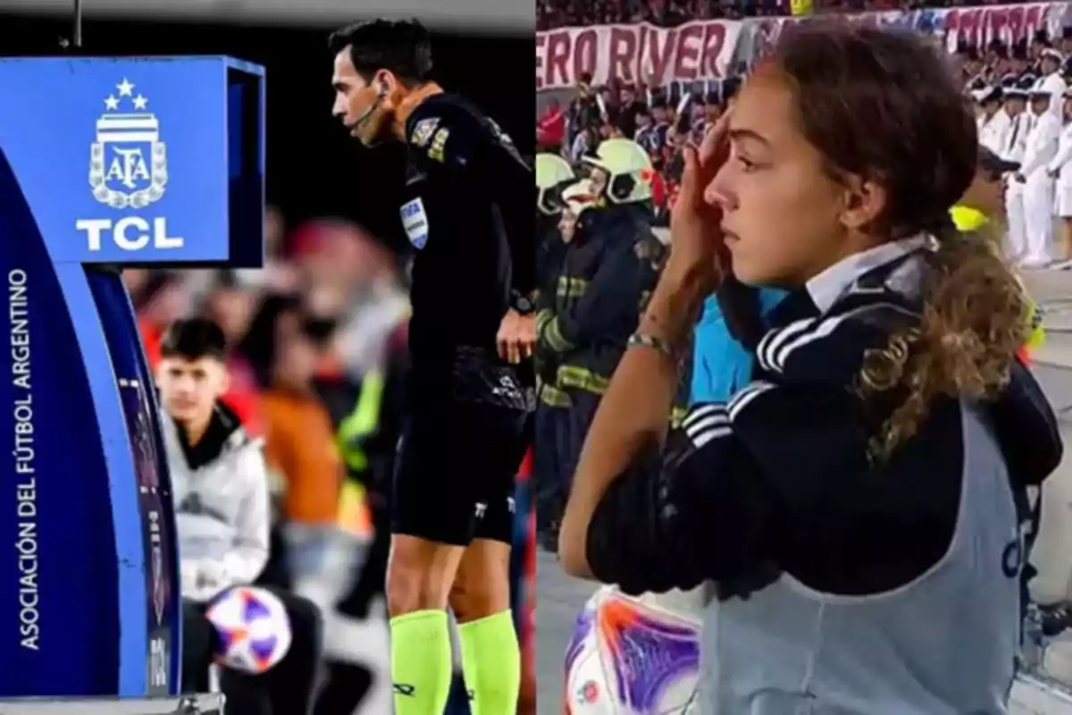 Un árbitro revisa el VAR durante un partido de fútbol mientras una joven en la tribuna observa preocupada