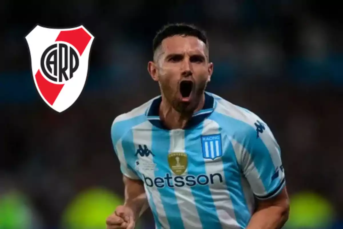 Racing player celebrating a goal with the River Plate crest in the background
