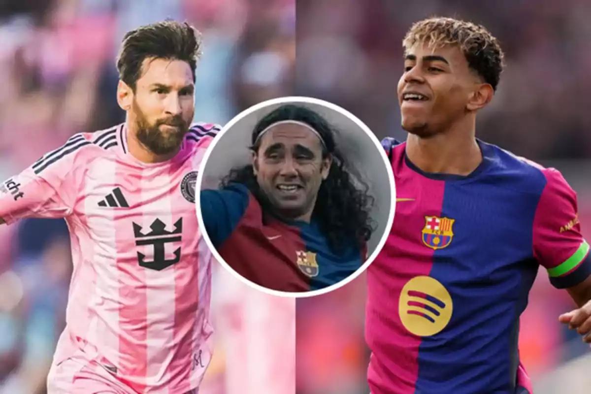 Three players appear in the image: two of them on the sides wearing Inter Miami and Barcelona uniforms, and one in the center with long hair and a blue and red jersey.