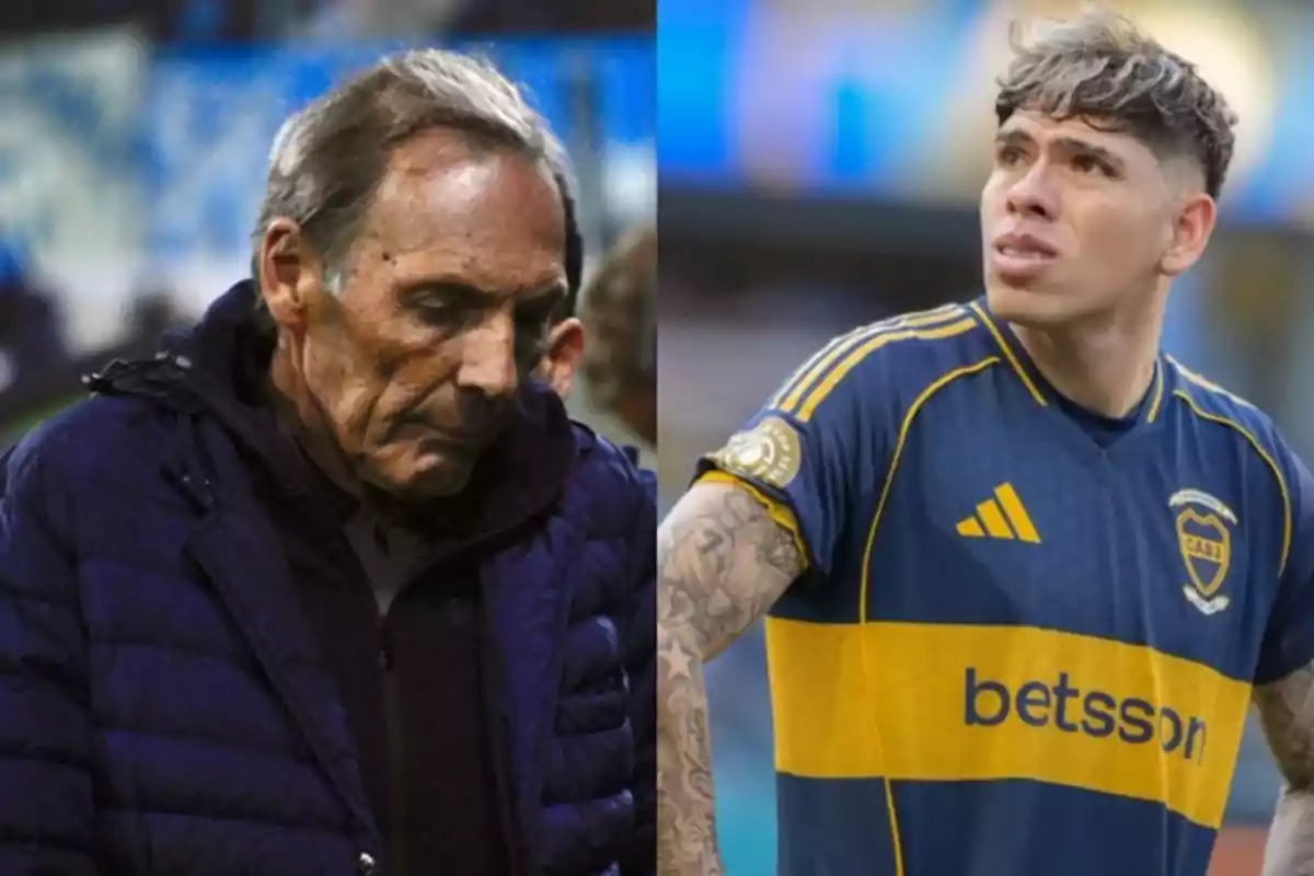 Dos personas en una imagen dividida, a la izquierda un hombre mayor con expresión seria y a la derecha un futbolista con uniforme azul y amarillo mirando hacia arriba