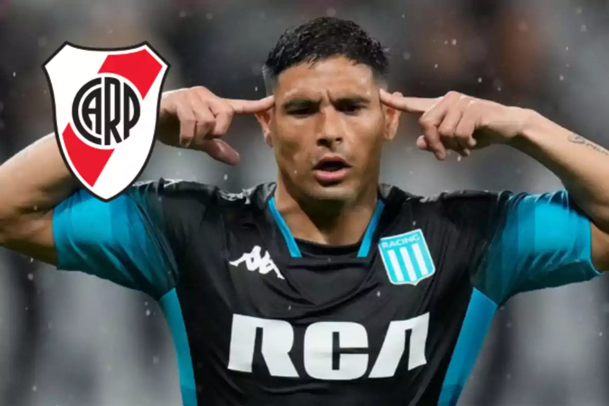 Racing player celebrating a goal with his hands on his head and the River Plate crest on the left side