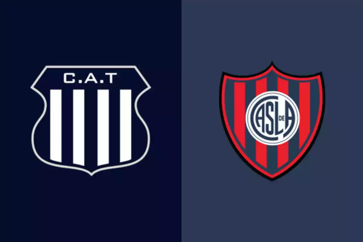 Escudos de los equipos de fútbol Talleres y San Lorenzo sobre fondos azul oscuro Escudos de los equipos de fútbol Talleres y San Lorenzo sobre fondos azul oscuro