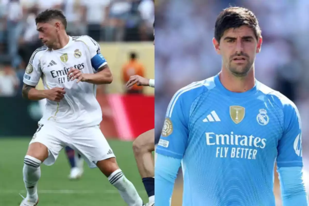 Two Real Madrid players, one in a white uniform in action during a match and another in a blue goalkeeper uniform posing on the field Two Real Madrid players, one in a white uniform in action during a match and another in a blue goalkeeper uniform posing on the field