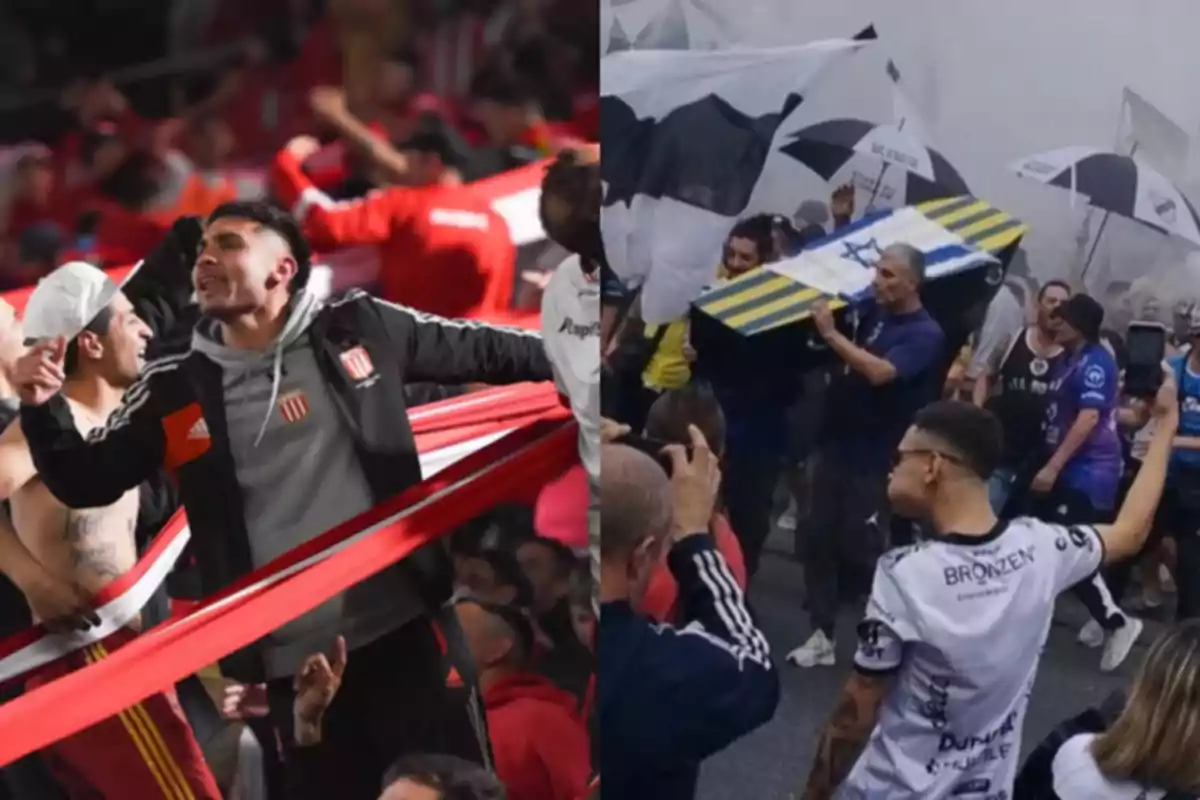 Fans of two different soccer teams celebrate and demonstrate with flags and jerseys of their respective clubs in an atmosphere of rivalry and sporting passion.