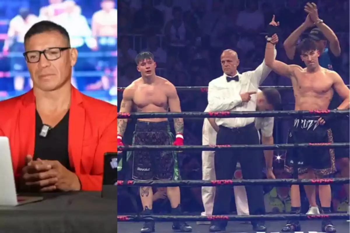 Un hombre con gafas y saco rojo está sentado frente a una computadora, mientras que en la otra mitad de la imagen dos boxeadores están en el ring junto a un árbitro que levanta el brazo del ganador.
