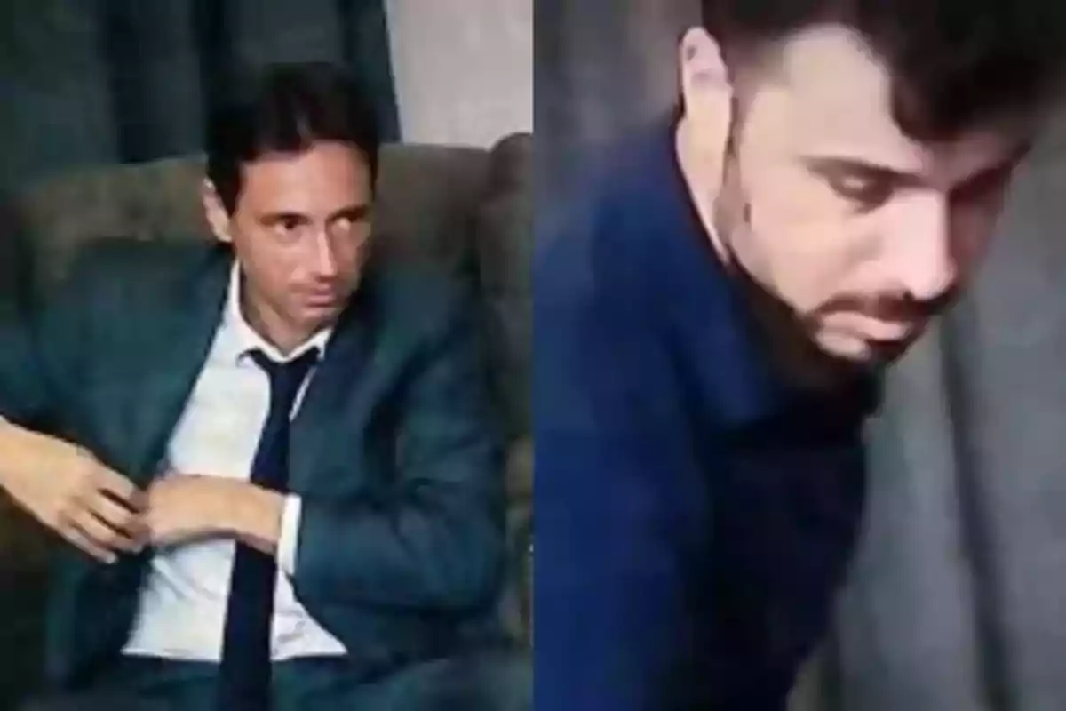 Dos hombres en una habitación, uno con traje sentado en un sillón y el otro con camisa oscura mirando hacia abajo Dos hombres en una habitación, uno con traje sentado en un sillón y el otro con camisa oscura mirando hacia abajo