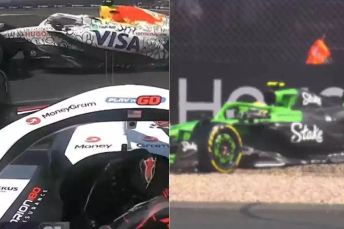 Two Formula 1 cars in different situations during a race, one on the track and the other stopped in the gravel next to a barrier. Two Formula 1 cars in different situations during a race, one on the track and the other stopped in the gravel next to a barrier.