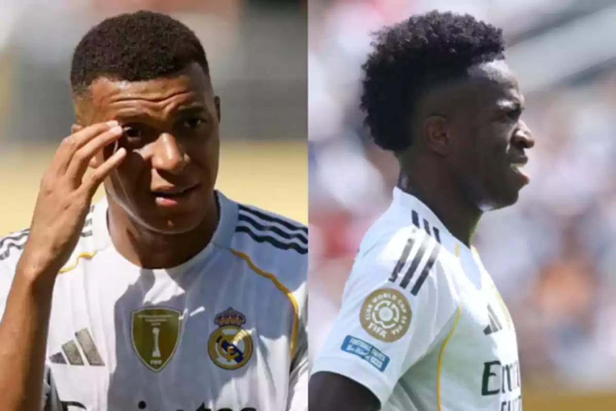 Two players in Real Madrid’s white uniform appear in a montage; one of them touches his forehead and the other is shown in profile during a match. Two players in Real Madrid’s white uniform appear in a montage; one of them touches his forehead and the other is shown in profile during a match.