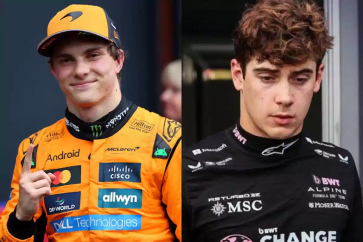 Dos pilotos de automovilismo con uniformes de diferentes escuderías uno con traje naranja y gorra sonriente y otro con traje negro de expresión seria
