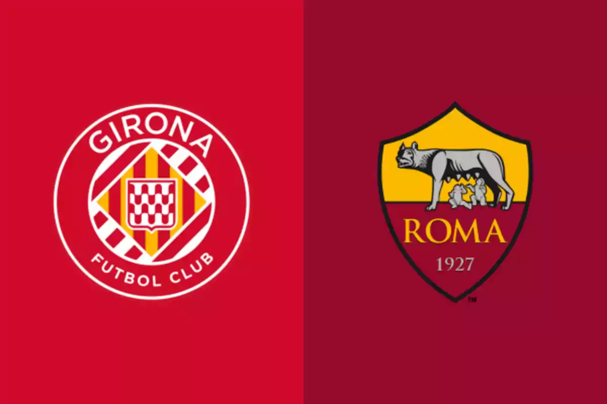 Escudos de los equipos de fútbol Girona y Roma sobre fondos rojos Escudos de los equipos de fútbol Girona y Roma sobre fondos rojos