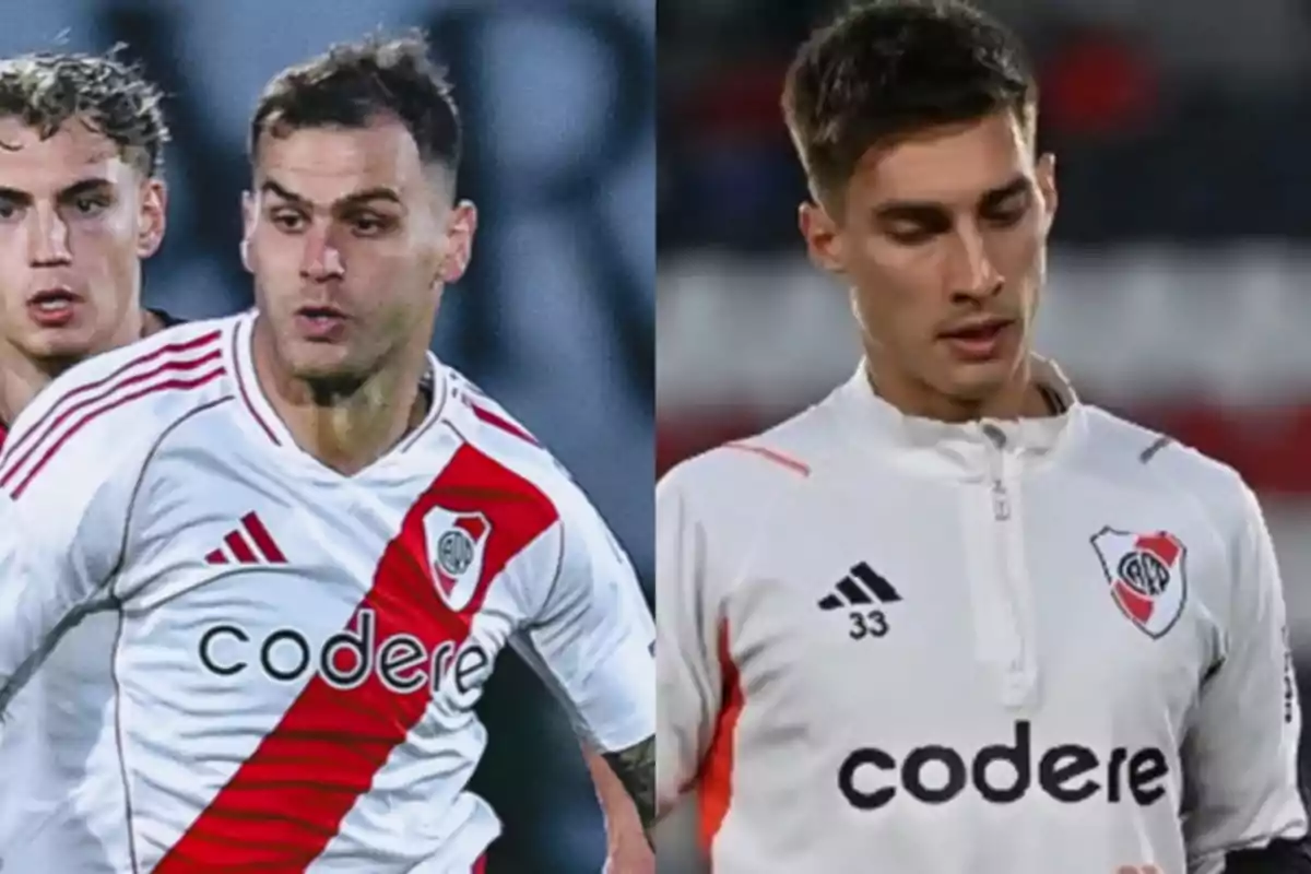 Two River Plate players wearing white uniforms with red details during a match and a training session Two River Plate players wearing white uniforms with red details during a match and a training session