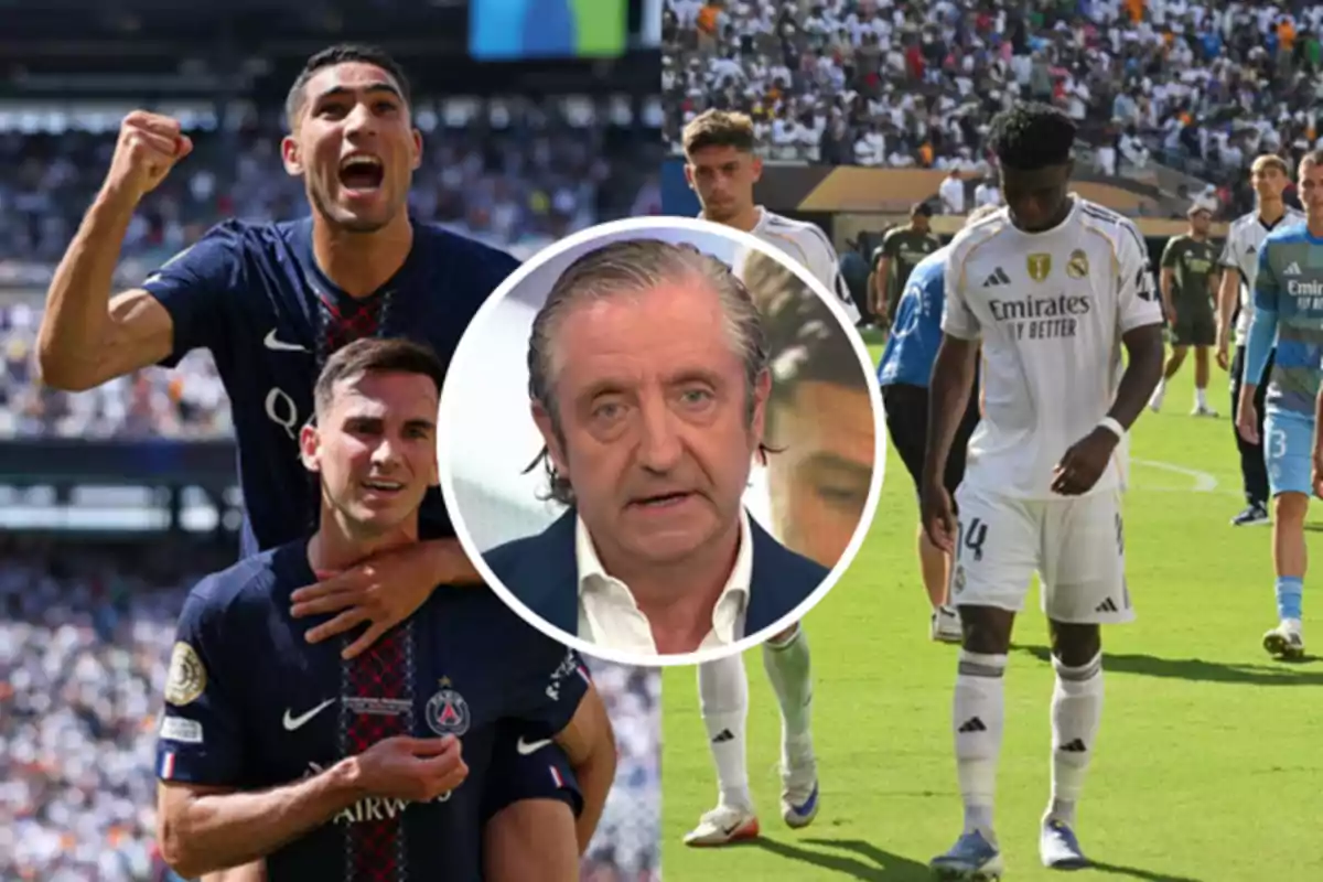 Jugadores del PSG celebran un gol mientras futbolistas del Real Madrid caminan cabizbajos en el campo y en el centro aparece el rostro de un presentador de televisión