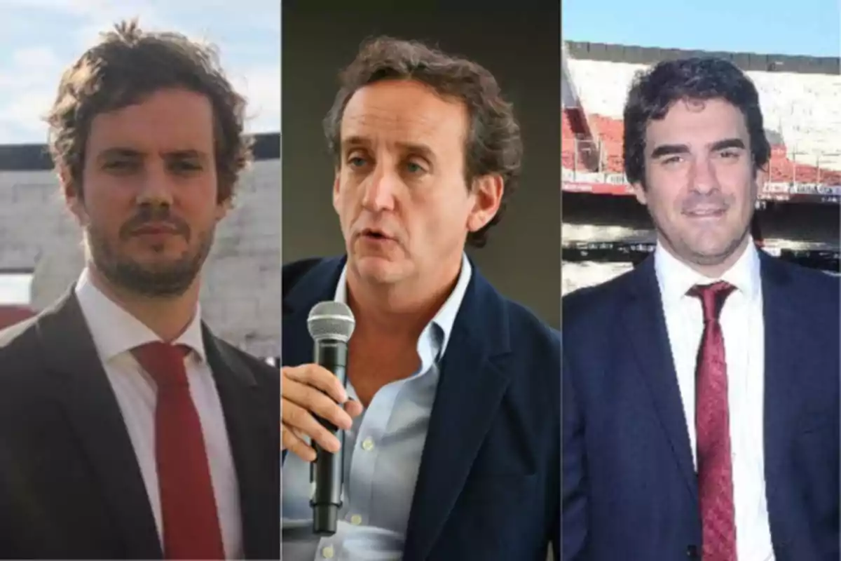 Tres hombres vestidos de traje, dos de ellos con corbata roja y uno sosteniendo un micrófono, posan en diferentes escenarios. Tres hombres vestidos de traje, dos de ellos con corbata roja y uno sosteniendo un micrófono, posan en diferentes escenarios.