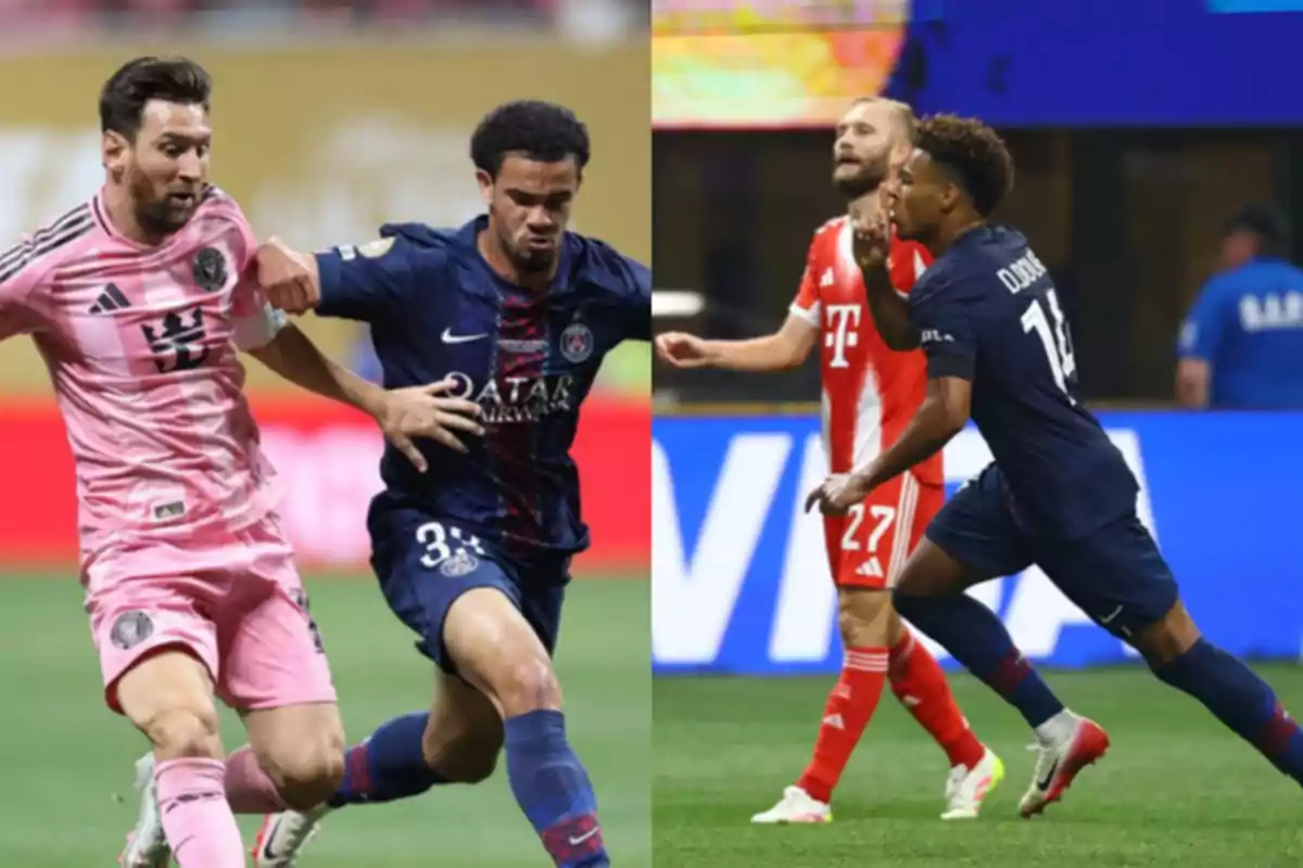 Dos escenas de partidos de fútbol con jugadores de diferentes equipos compitiendo intensamente en el campo Dos escenas de partidos de fútbol con jugadores de diferentes equipos compitiendo intensamente en el campo