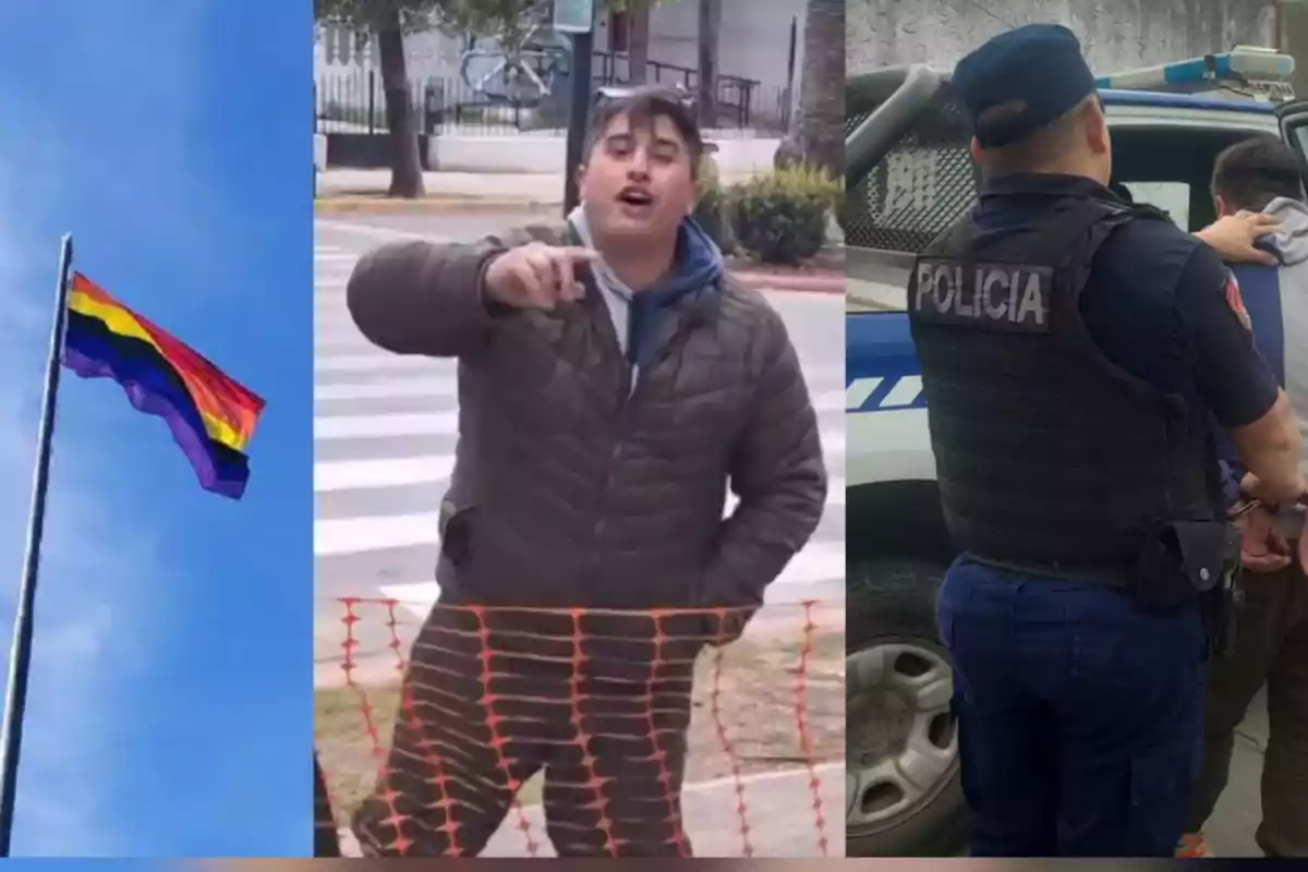 Multicolored flag waving on a flagpole, a man pointing behind an orange mesh, and a police officer arresting a person next to a patrol car
