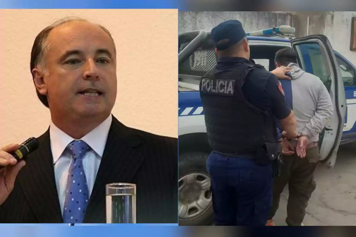 Un hombre de traje hablando en público y una persona esposada siendo escoltada por un policía hacia una patrulla
