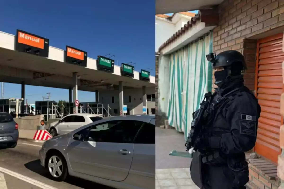 Un peaje con autos esperando en la fila y un policía fuertemente armado con uniforme negro y casco en una calle frente a una casa