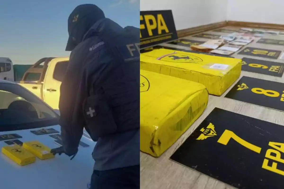 Un agente de la fuerza policial antidrogas revisa paquetes amarillos incautados junto a evidencia numerada y billetes sobre una superficie