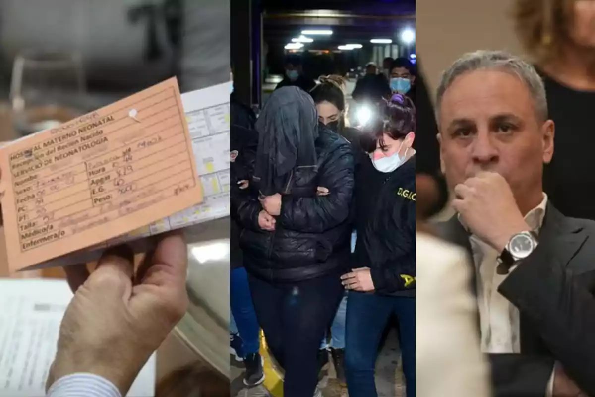 Three images show a hand holding a medical document, a person escorted by the police with their head covered, and a man in a suit with a serious, thoughtful expression.