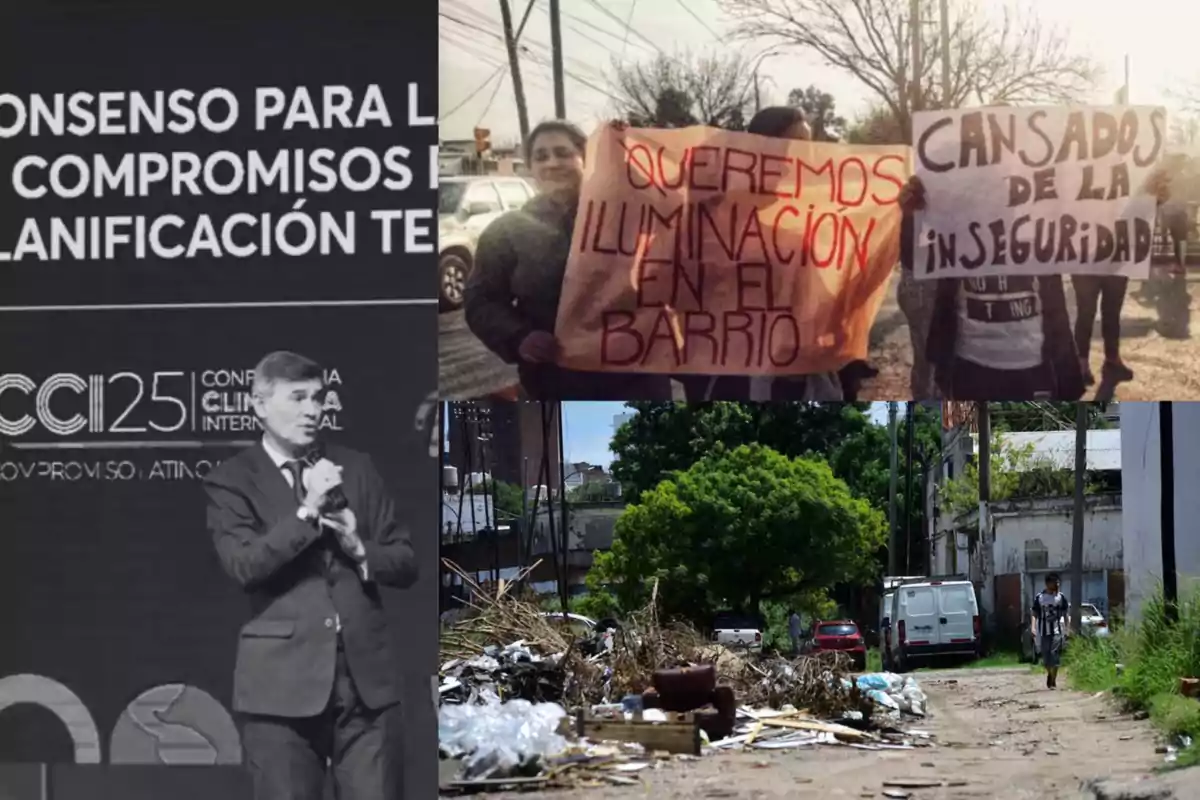 Collage showing a politician speaking at an event, people protesting with signs demanding lighting and security, and a street with accumulated garbage in a neighborhood.