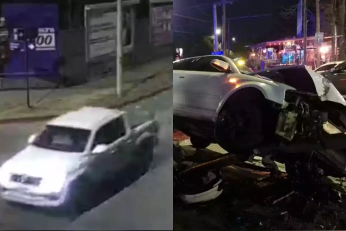 Imagen dividida en dos partes, a la izquierda una camioneta blanca circulando por una calle de noche y a la derecha un automóvil plateado con el frente destruido tras un accidente en una zona urbana iluminada.
